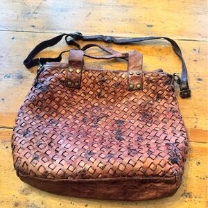 SUNDANCE Hazelnut Brown Large Woven Leather Italian Collab Tote Crossbody Bag